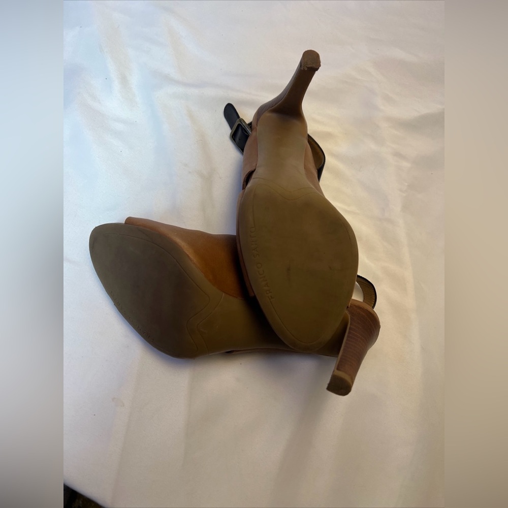 Franco Sarto Heels Women 9.5 M Quatrain Brown Leather Peep Toe Black Slingback - Picture 6 of 9